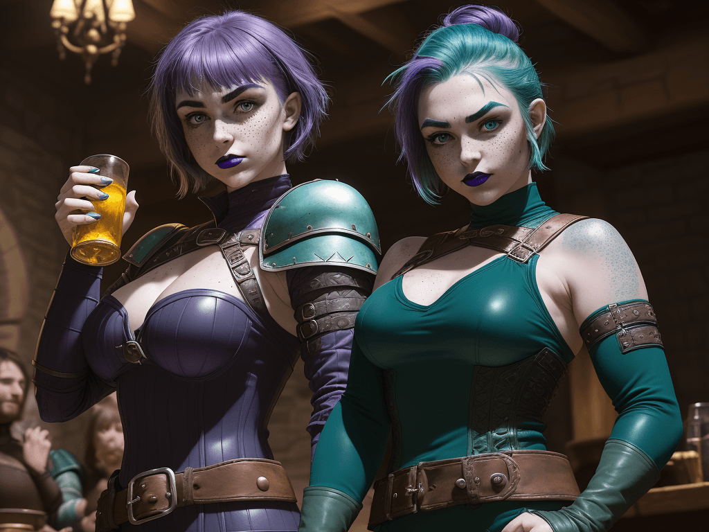 AI generated: It is D&D game night, dynamic pose, younger woman, she is holding an empty tankard upside down, she ...