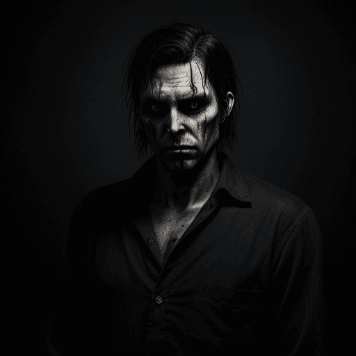 AI generated: A creepy portrait of Alan Wake's Evil Double, Mr. Scratch, a supernatural serial killer, evil doppel...