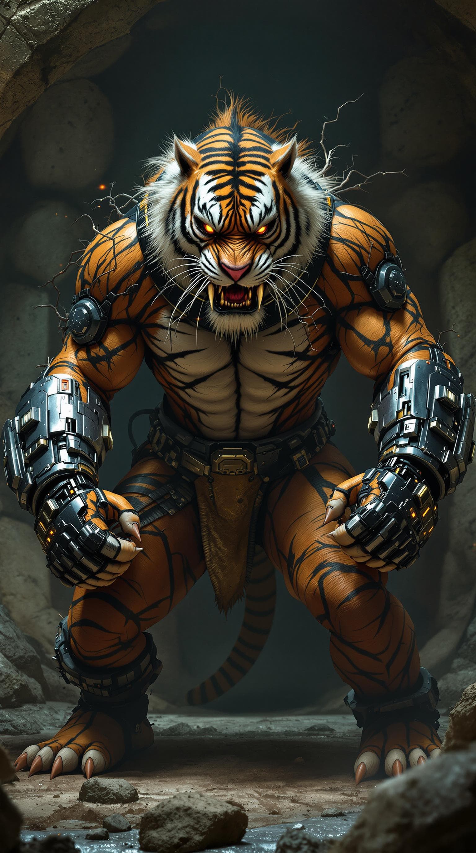 AI generated: A humanoid saber-toothed tiger with cybernetic arms and an ultra-muscular physique, its fur singed f...