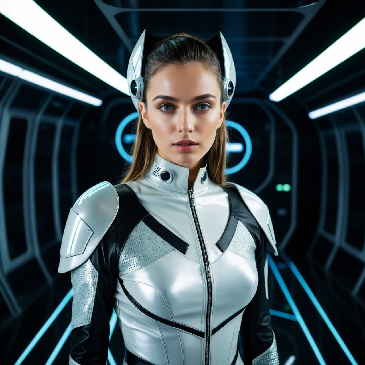 AI generated: ((portrait of a beautiful late 20s girl wearing a futuristic outfit standing in a futuristic space s...