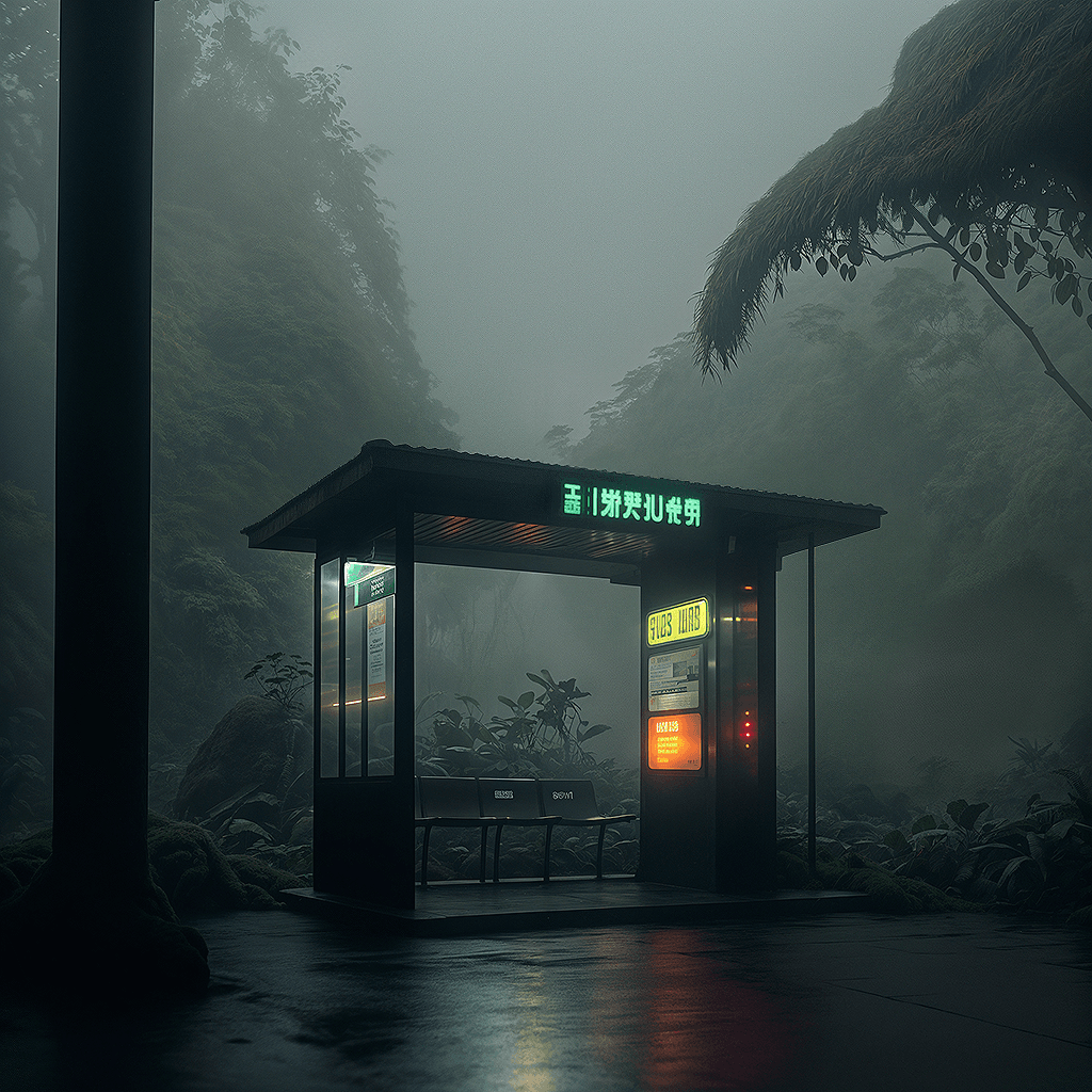 AI generated: in style of blade runner 2049 a photo cinematic grainy film still of a bus stop located in the middl...