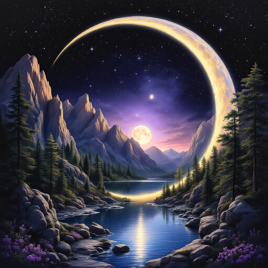 AI generated: A crescent moon made from mountains and rocky crags and trees, includes a lake and purple flowers. B...