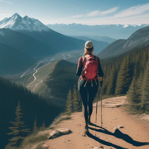 AI generated: woman on a hiking trail, overlooking a breathtaking mountain landscape