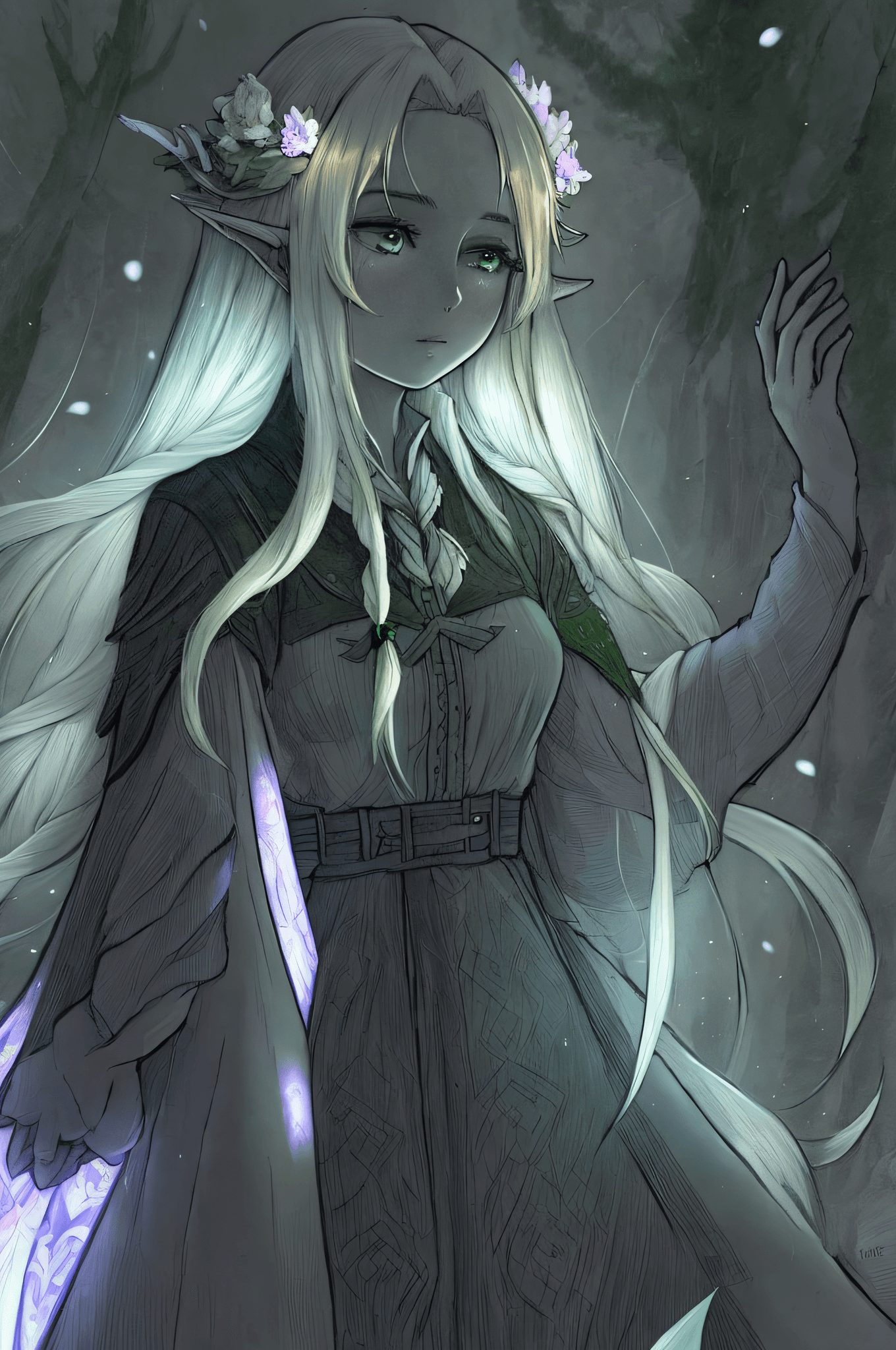 AI generated: upper body close-up, druid female elf, multiple stitched layer cloth armor, white silk cloak, intric...