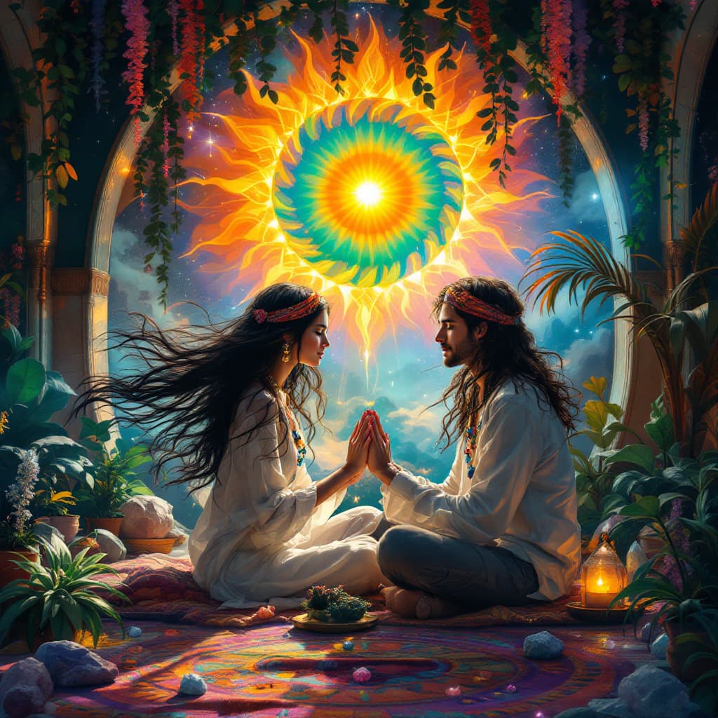 AI generated:  A painting by AI intelligence, Zen, heavy vibes, souls intertwining.  room for meditation with crys...