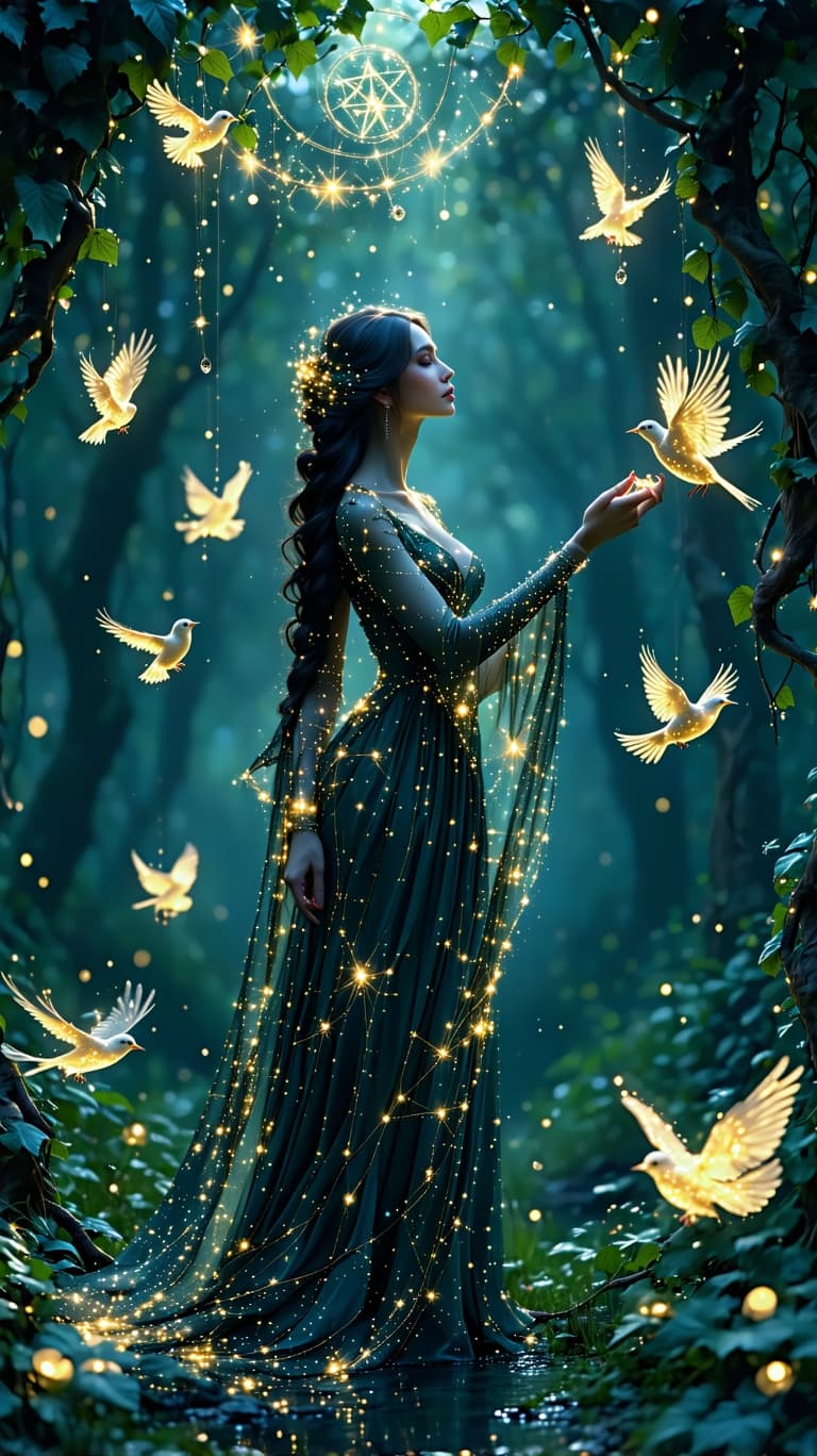 AI generated: A majestic, ethereal woman, her gown woven from constellations and golden vines, stands in an enchan...