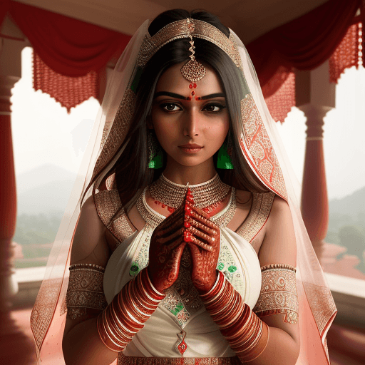AI generated: a beautiful Indian bride in traditional wear bride covering her hands with henna during her wedding,...