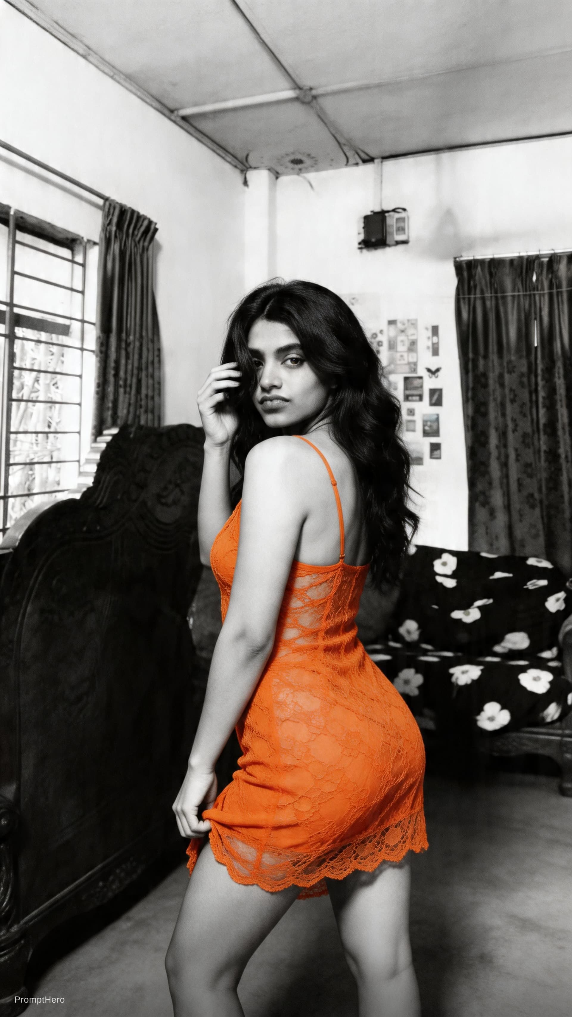AI generated: A black and white, extremely detailed photograph of a fit and toned, beautiful American female pin-u...