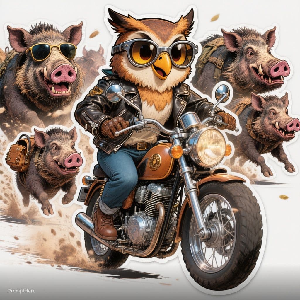 AI generated: The duolingo owl wearing a tiny leather jacket, riding a vintage motorcycle.  Behind the motorcycle,...