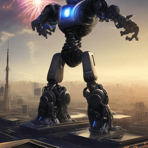 AI generated: a gigantisc robot fighter, explosions all around, (((he is standing in front of a woman))), (((alien...