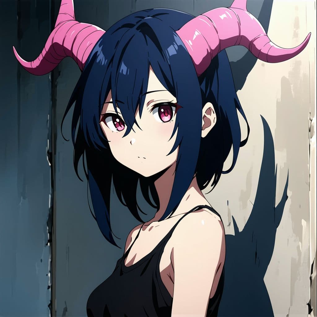 AI generated: Anime Half body of dark blue haired girl with pink horns and goat ears wearing black shoulder less s...