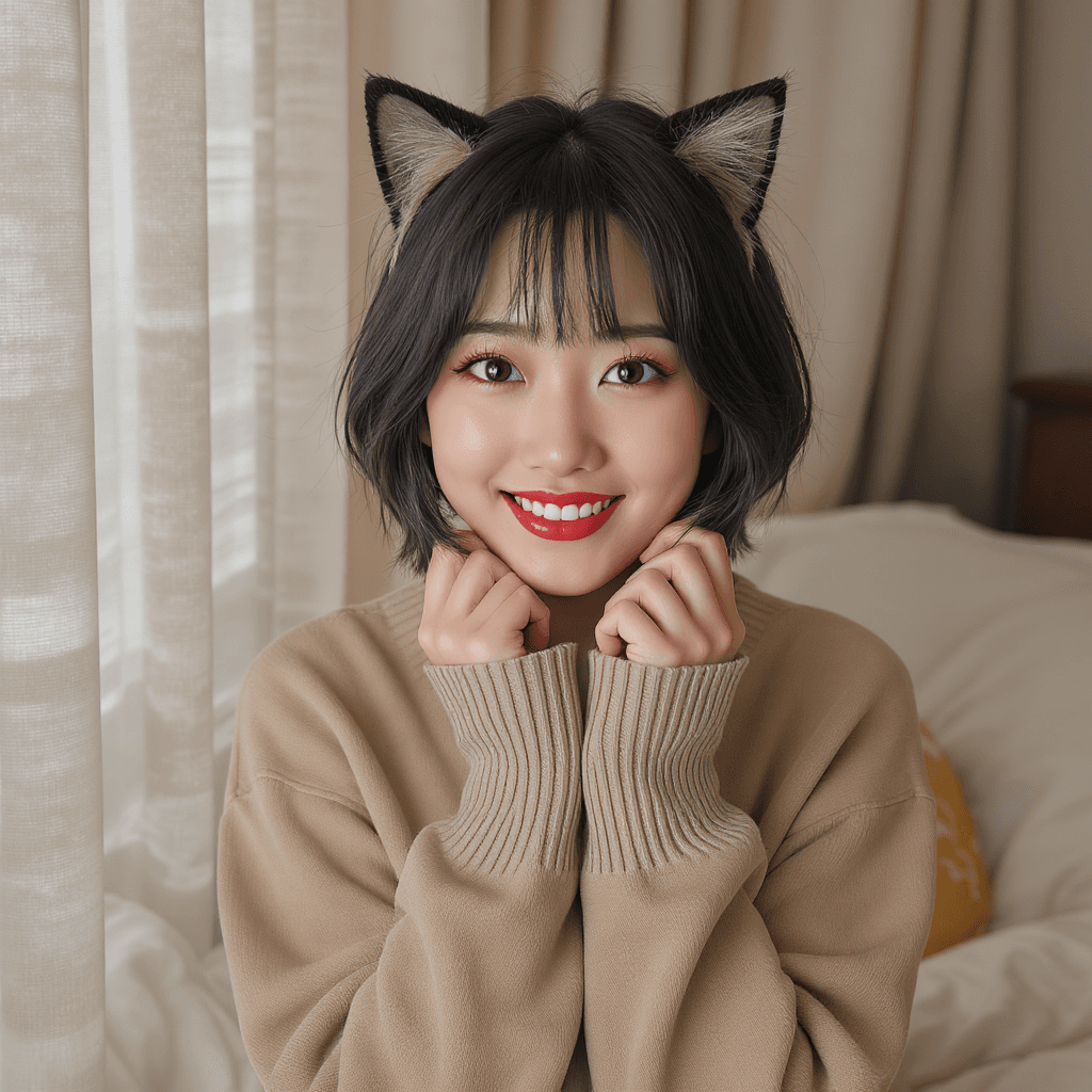 AI generated: (1girl, full body), beautiful Korean woman, (Cute Loose Bob hair:1.5), (cat ears:1.5), (red lips), (...