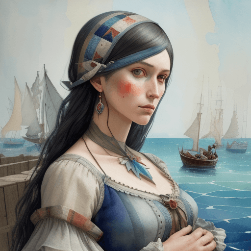 AI generated: woman in sea village painted in watercolors Patchwork by Meghan Duncanson and Jennifer Lommers and D...