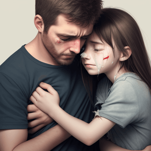 AI generated: Guy comforting a crying injured girl with torn clothes in his arms