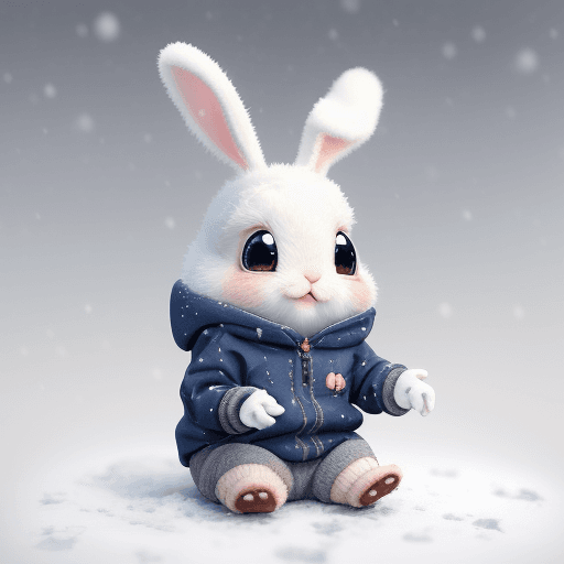 AI generated: Tiny cute and adorable bunny dressed in casual wear, sat on the ground in the snow,Pixar style, anth...