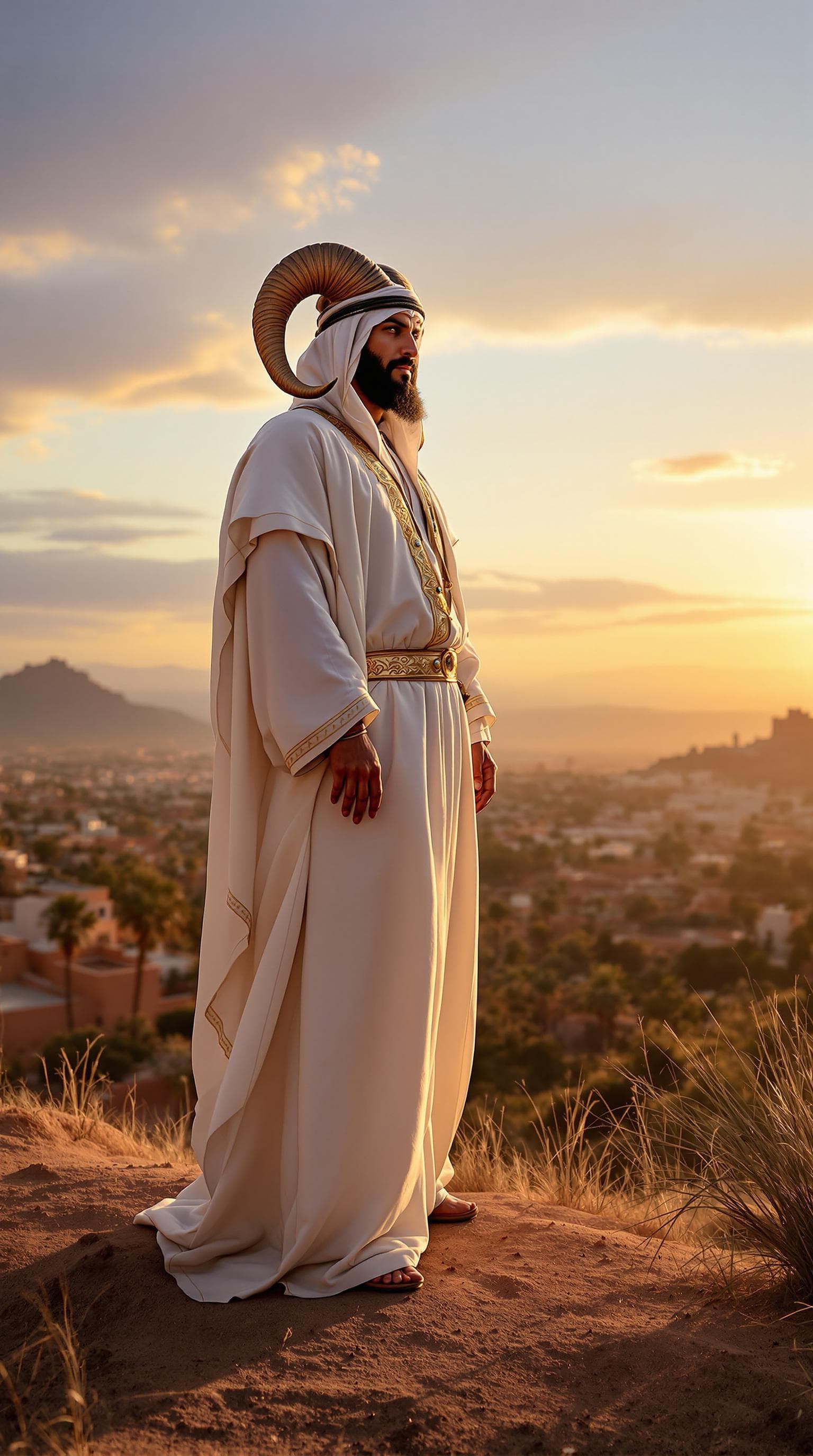 AI generated: A proud Moroccan Sardi ram in a luxurious white djellaba, standing on a hill at sunset, overlooking ...