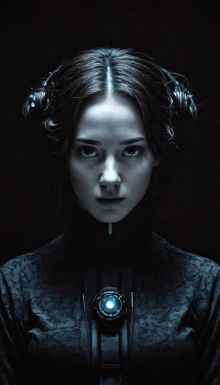 AI generated: fashion editorial, a beautiful darkhaired woman with cyber technology headphones, shiny eyes, highre...