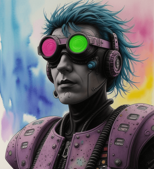 AI generated: a watercolor ink painting of a cybernertic punk / raver in the style of jean giraud in the style of ...