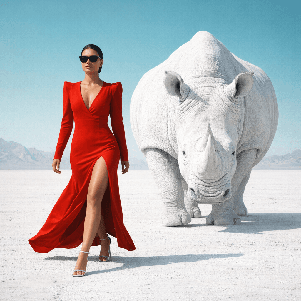 AI generated: {
  "scene": {
    "type": "editorial fashion surrealism",
    "location": "barren white desert w...
