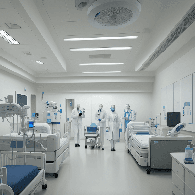 AI generated: inside a hospital with hospital beds and nurses and doctors with medical equipment, a medical labora...