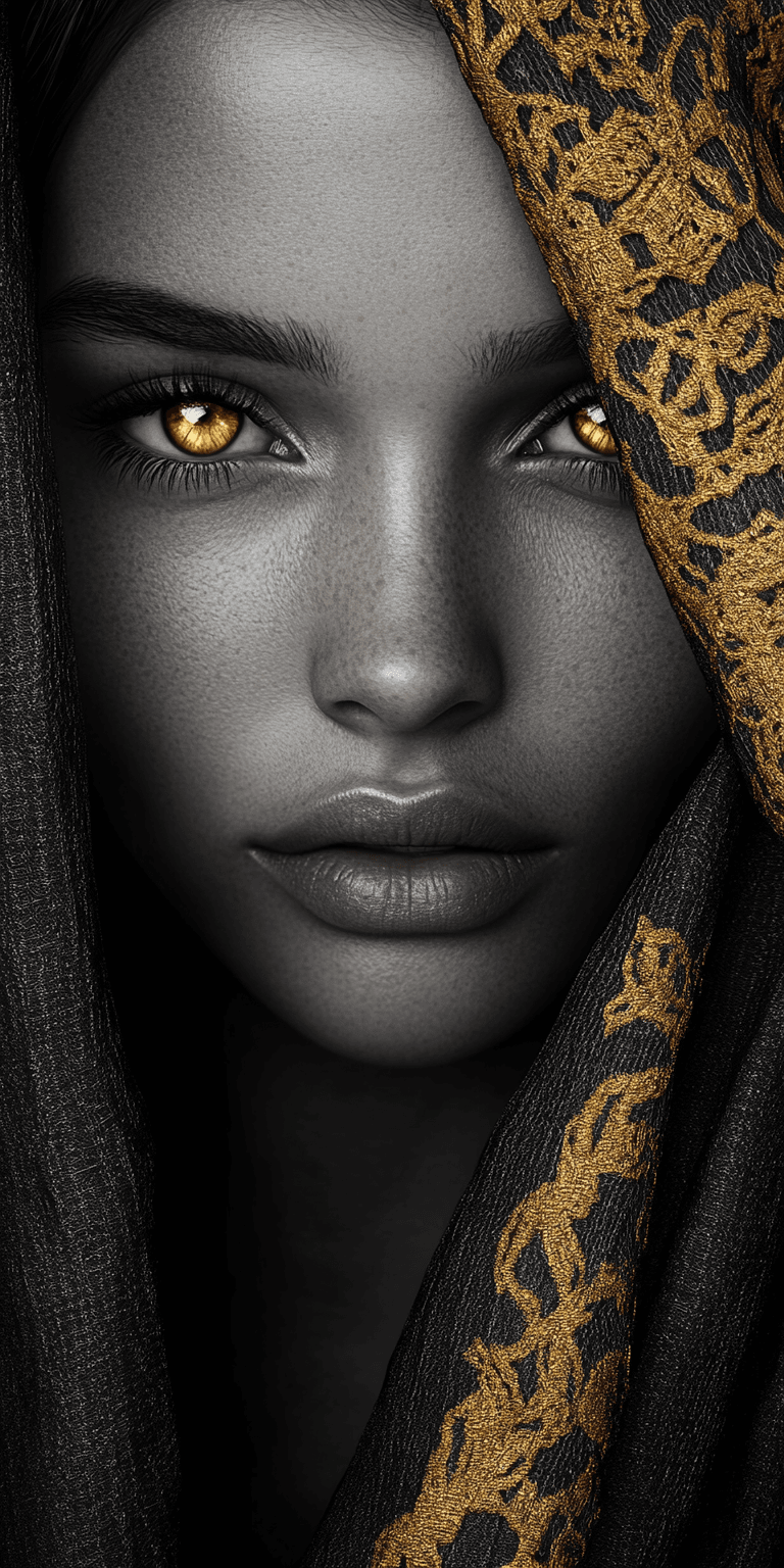 AI generated: A striking portrait of a woman with captivating features, her skin is smooth and appears almost like...
