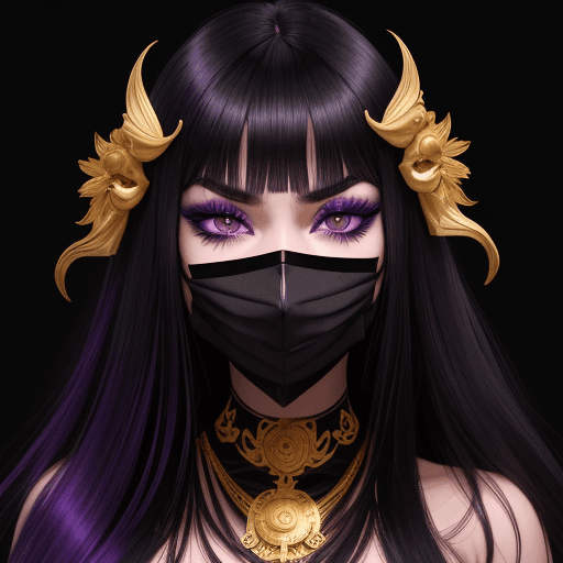 AI generated: A woman with golden skin, black facemask, long black hair, purple iris, black eyebrows, bangs, long ...