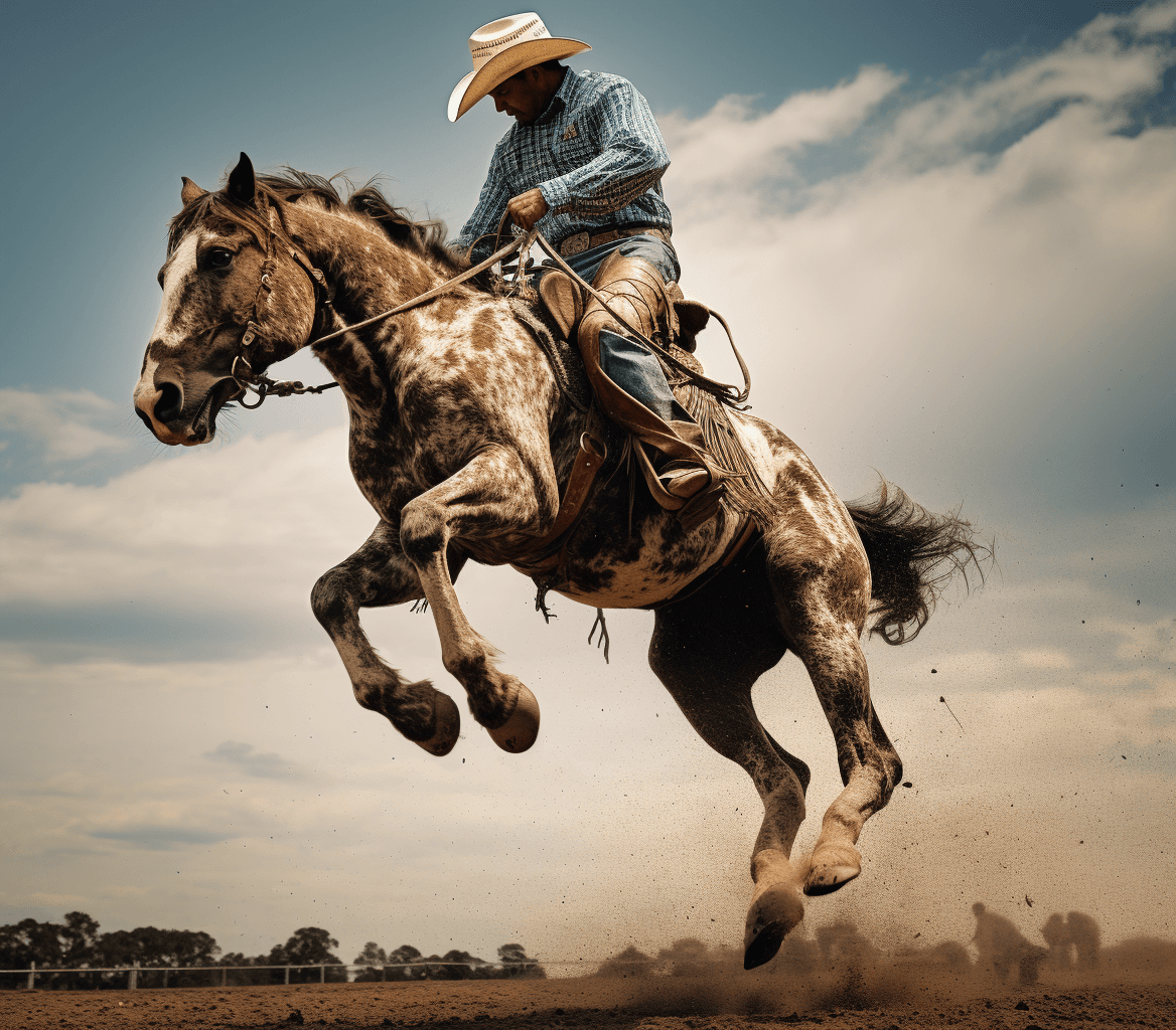 AI generated: an amateur cowboy riding a bucking horse at a rodeo, in the style of photo taken with provia, functi...