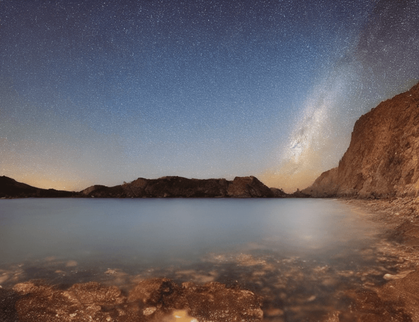 AI generated: hermoso paisaje, mar, noche estrellada,  octanaje, máximo detalle, reflejos trazados con rayos --ar ...