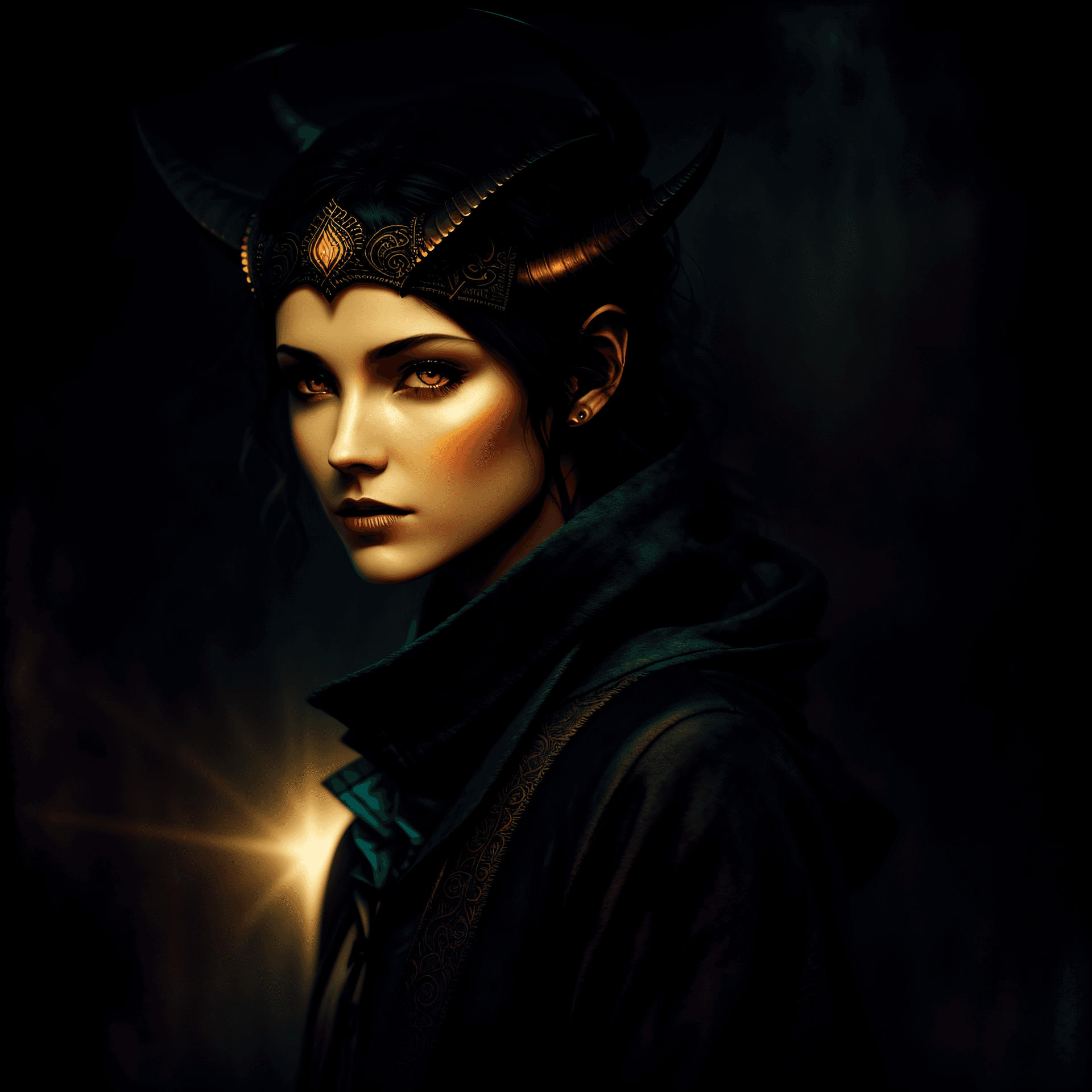AI generated: portrait, solo, a pretty female tiefling with two big divel horns on head, mistery magic, vengeance,...