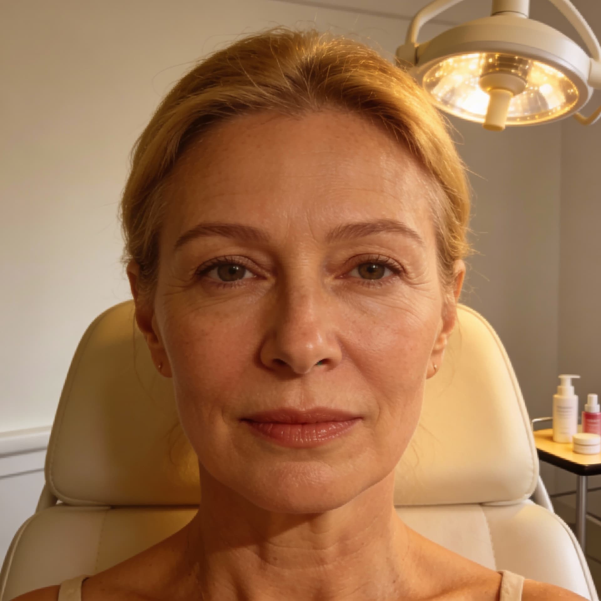 AI generated: same woman in her first 50's 
setting in dermatologist clinic chair, in a warm vibes, her face is fr...