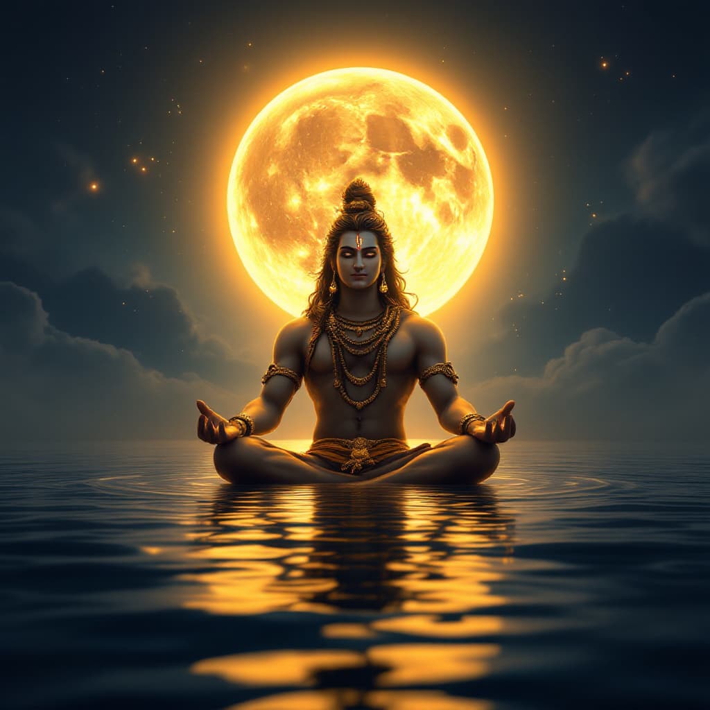 AI generated: beautiful golden image of Lord shiva sitting in water with bright full moon hanging in the sky, in t...