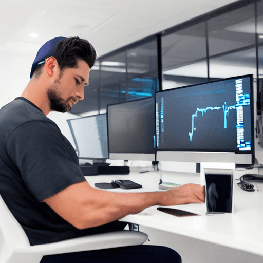 AI generated: a day trader wearing a cap, 4K, officee, very realistic, room with several computers, very sharp qua...