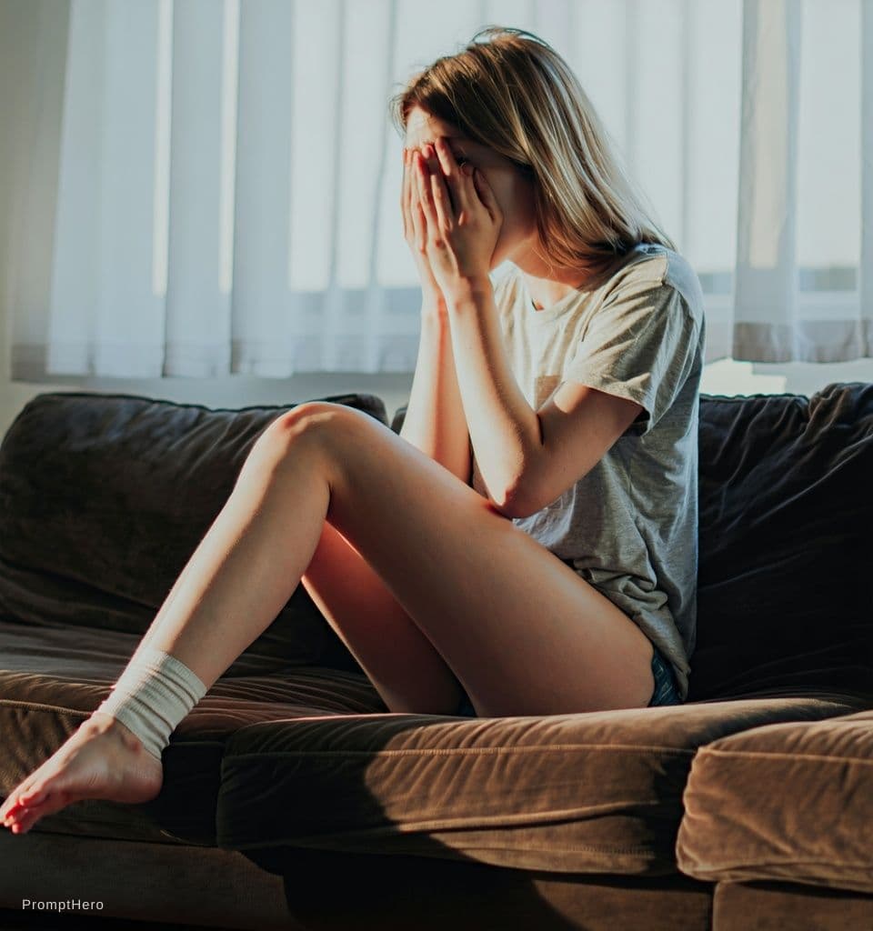 AI generated: A photorealistic cinematic video of a young woman sitting on the edge of a bed in a softly lit bedro...