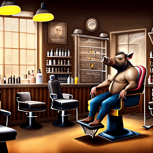 AI generated: Boar sitting as a human in a chair in a barbershop, barber cuts his hair, vintage setting, soft ligh...