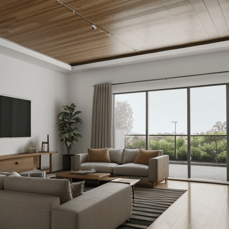 AI generated: modern living room,4k quality,archviz render,the view is behing the couches, shaped sofa, 2 couches,...