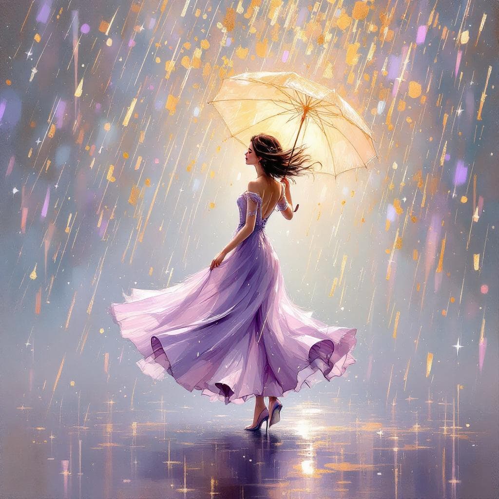 AI generated: A painting of a woman holding an umbrella and dancing in the rain. In the style of palette knife, so...