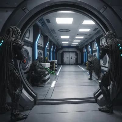 AI generated video: VIDEO PROMPT — TACTICAL POSITIONING (4-MAN STACK SETUP)

A cinematic, ultra-realistic sci-fi corrido...