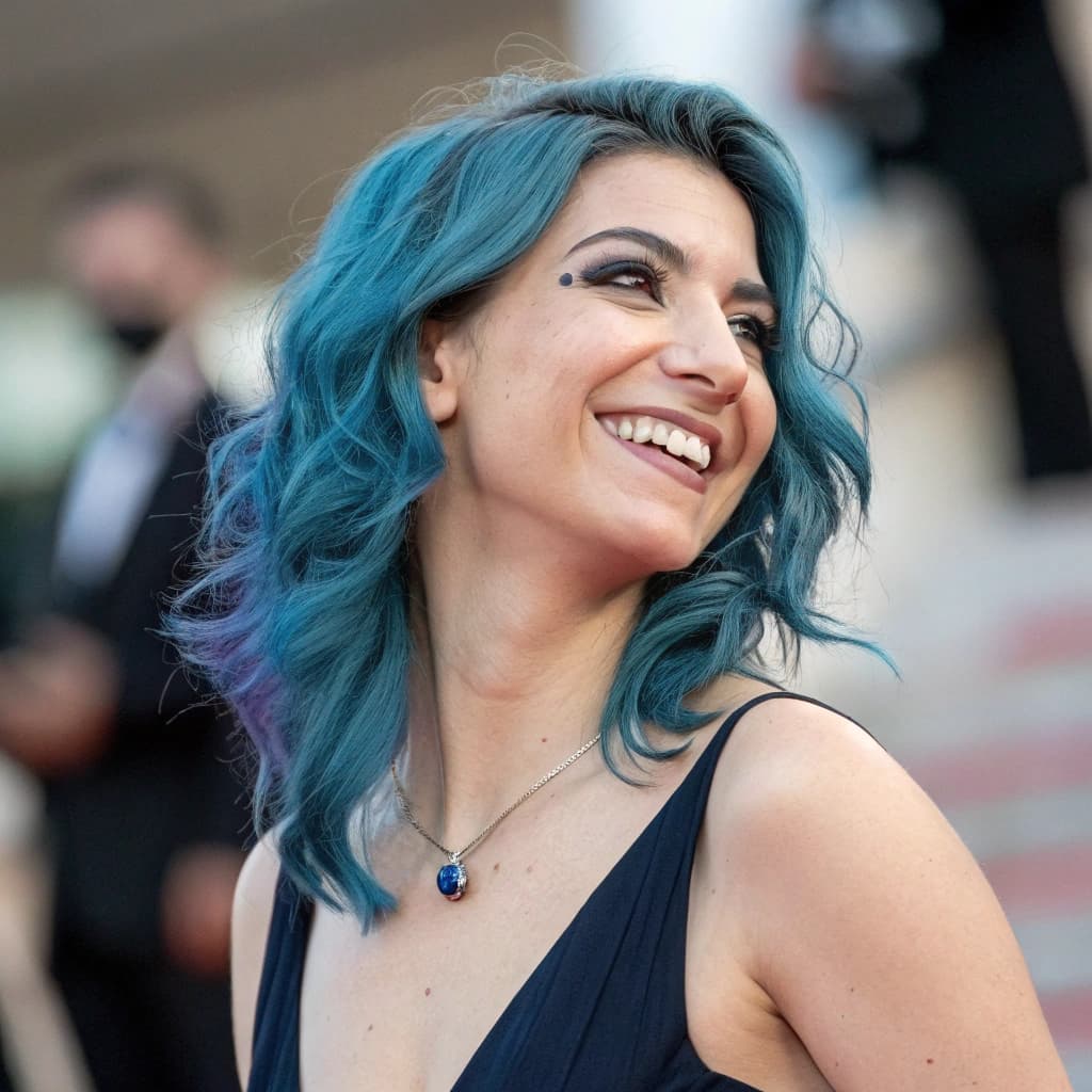 AI generated: professional portrait a stunning woman wearing blue hair with a smile, in the style of animated gifs...