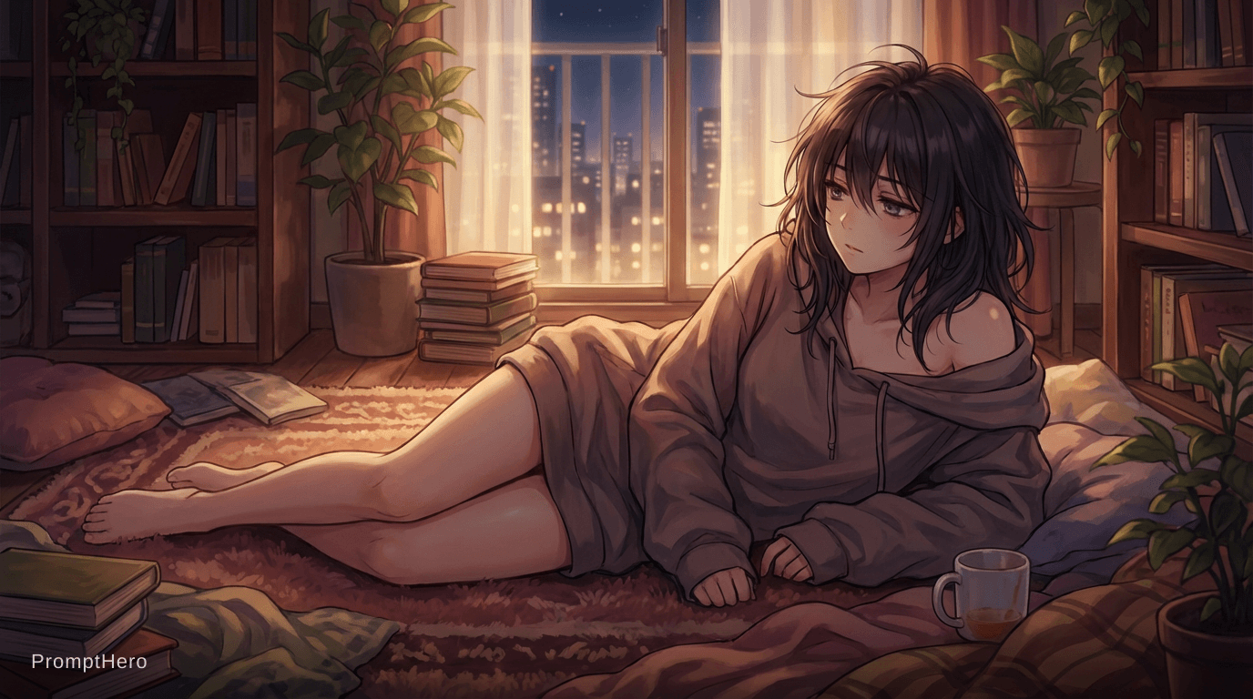 AI generated: anime girl lying sideways messy posture
anime girl slouched natural pose not posing
anime girl sitti...