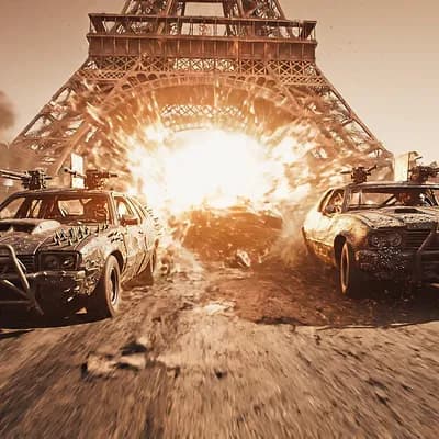 AI generated video: A post apocalyptic car race in front of the ruins of the Eiffel Tower. Cars speeding by, exploding a...