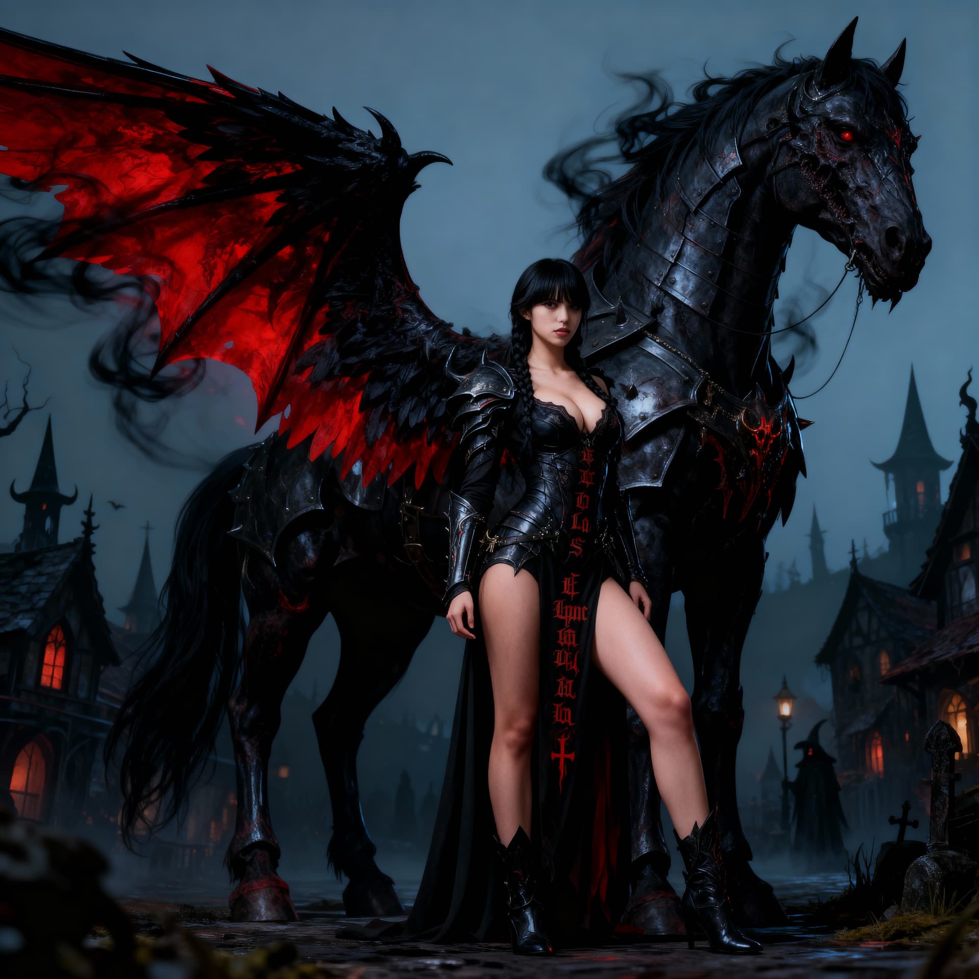 AI generated: TIGHT DEMONIC BLACK ARMOR ,MASSIVE RED WITH BLACK ANGELIC WING, STANDING NEAR HER HUGE MACABRE DEMON...