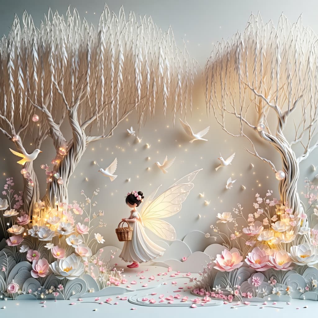 AI generated: A delicate fantasy fairy scene crafted in elegant cotton bas-relief and textured fabric art, featuri...