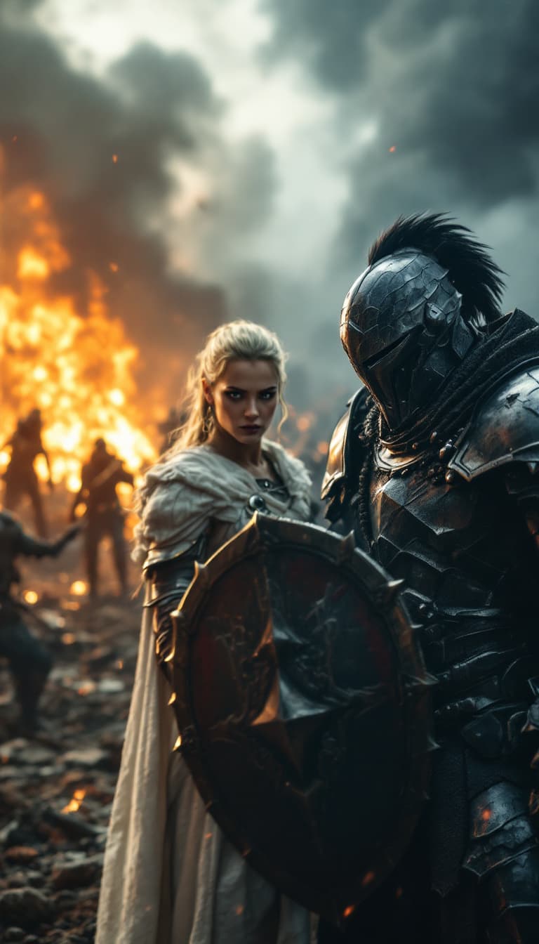 AI generated: A cinematic and dramatic portrayal in 8k octane, of a struggle for justice: A heroic, light-armored ...