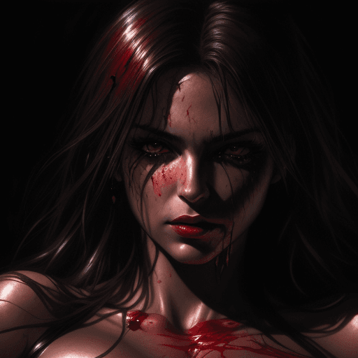 AI generated: blood drops on a woman's face, killer, shiny eyes, elegant, lovely, dark, dramatic light, in the sty...