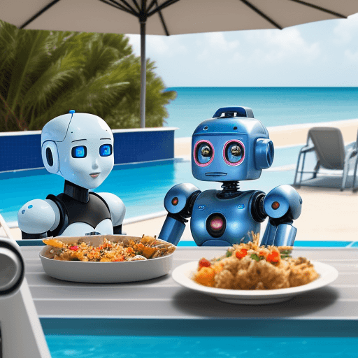 AI generated: robot serving food near beach faced pool