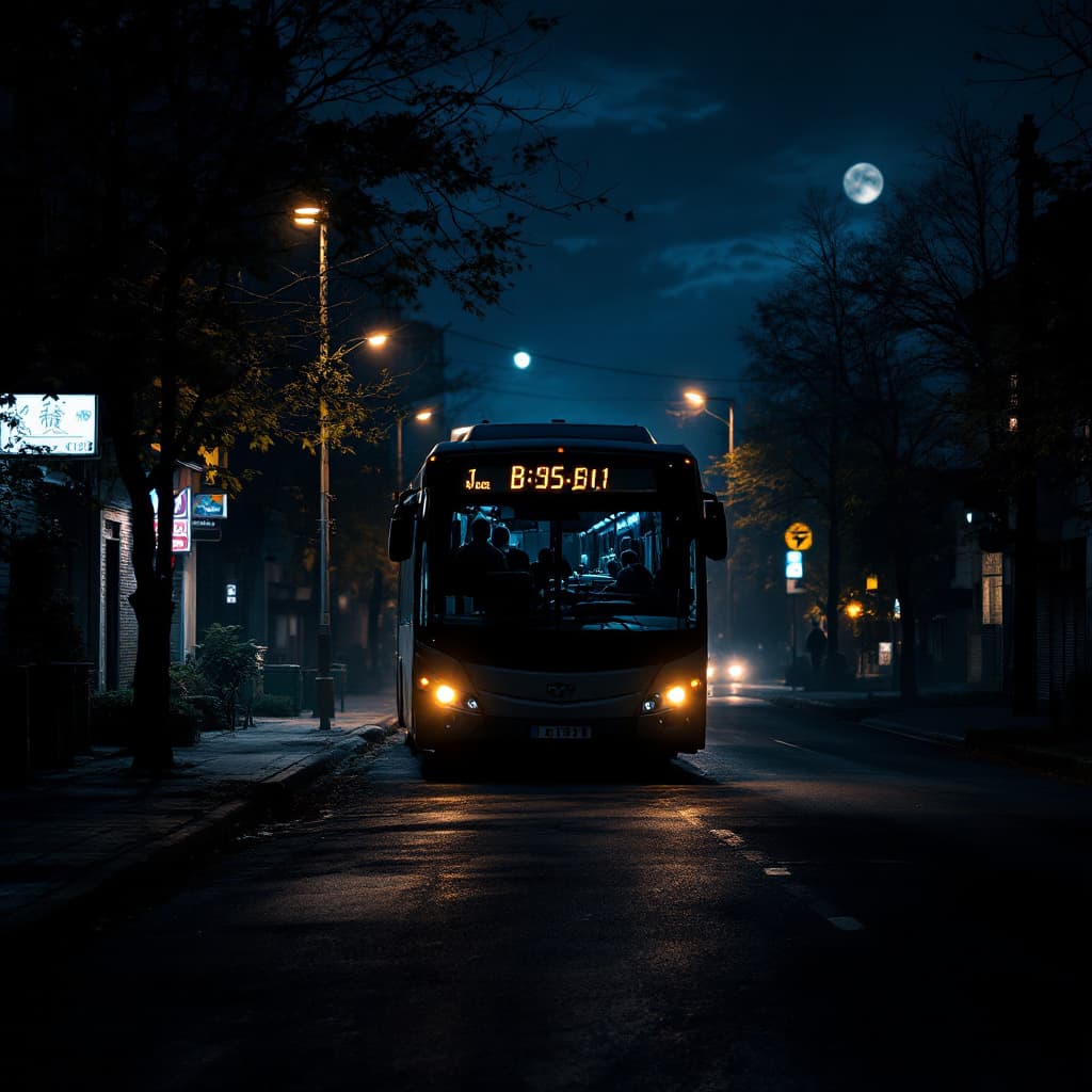 AI generated: mid shot view of a dark bus in the middle of the night, , moonlight, eerie setting,perspective, wait...