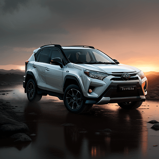 AI generated: Photo of a ultra realistic radical super toyota rav 4 of futur, cross river, dramatic light, pale su...