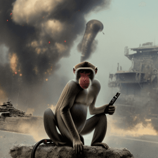 AI generated: hyperrealistic monkey smoking cigarettes during war, he is sittin on big bombs, in the background ta...