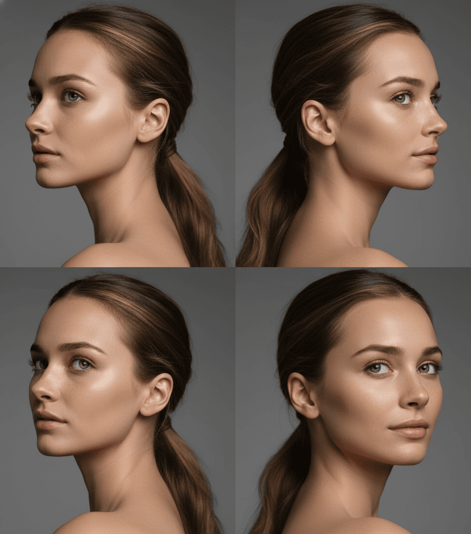 AI generated: Ultra-realistic portrait headshots of the same woman, maintaining 100% facial consistency, dark blon...