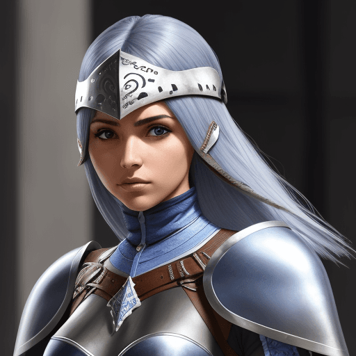 AI generated: mujer bella con cabello lila y armadura azul 